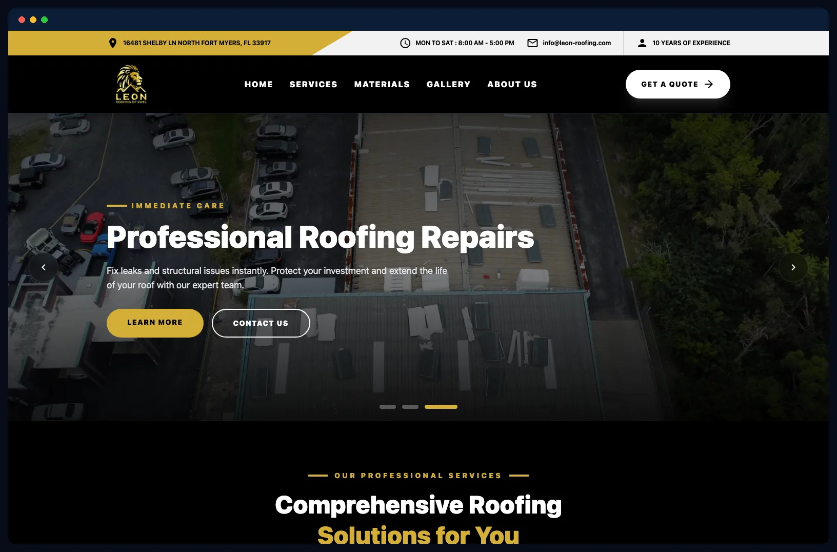 Leon Roofing of SWFL website, built by Wild Ox