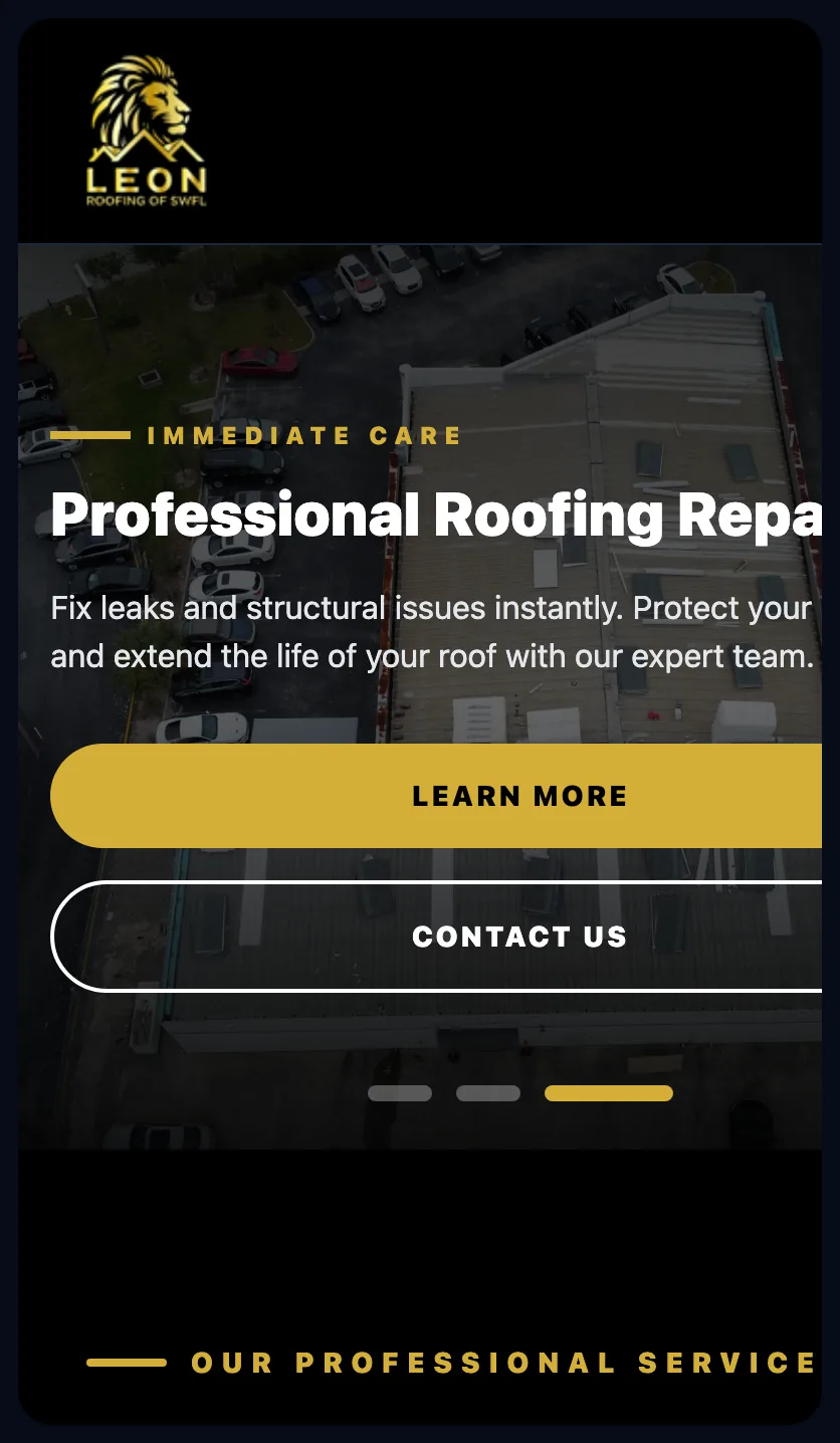Leon Roofing of SWFL website on a mobile phone, built by Wild Ox