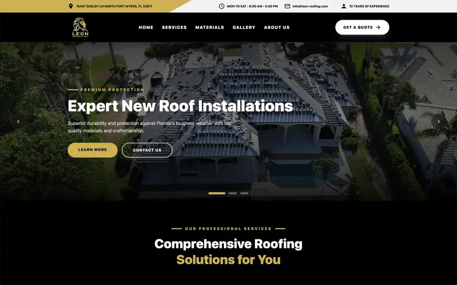 Leon Roofing of SWFL website, built by Wild Ox