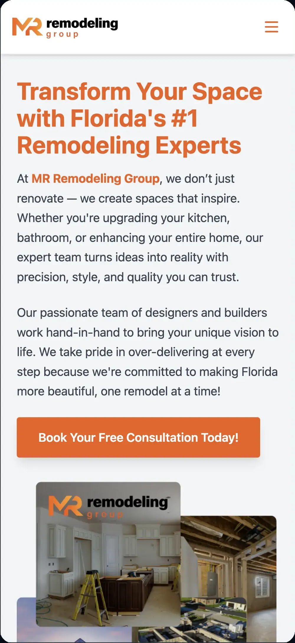 MR Remodeling Group website on a mobile phone, built by Wild Ox