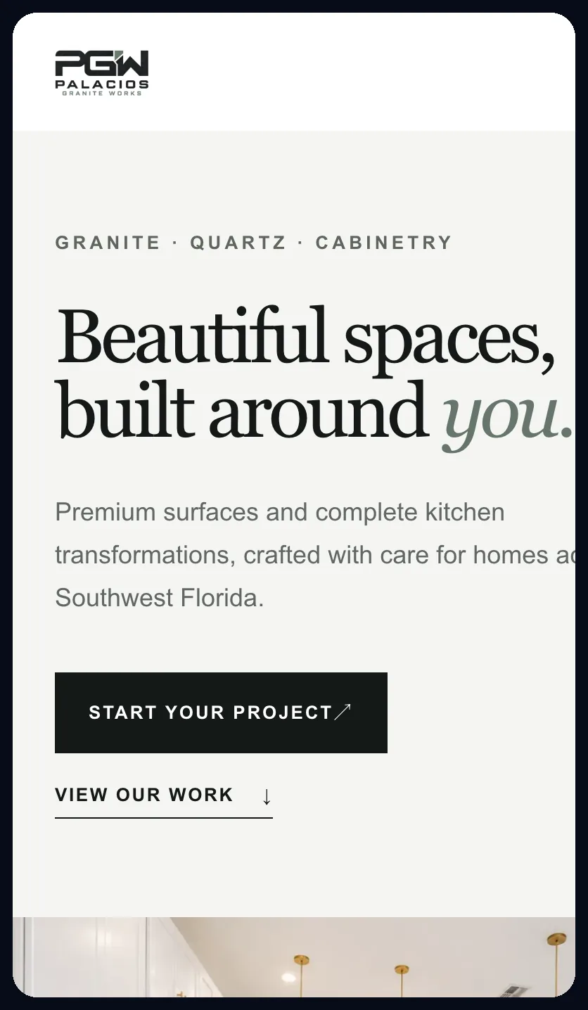 Palacios Granite Works website on a mobile phone, built by Wild Ox