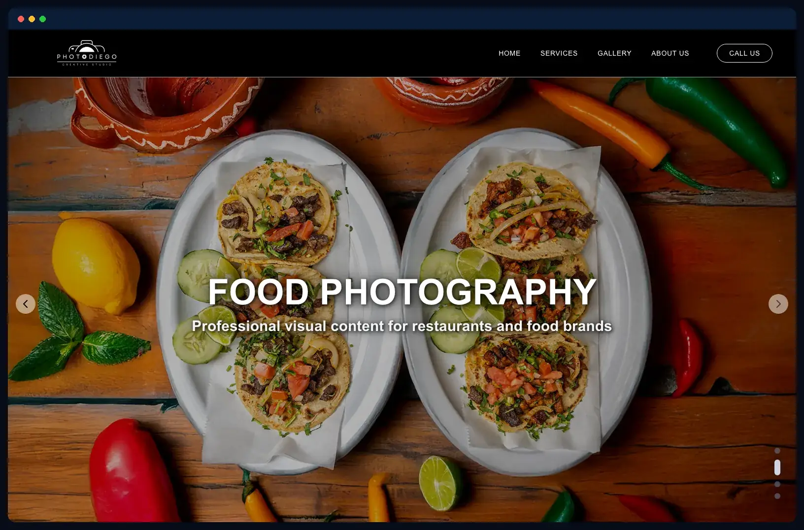 PhotoDiego Creative Studio website homepage on desktop, built by Wild Ox