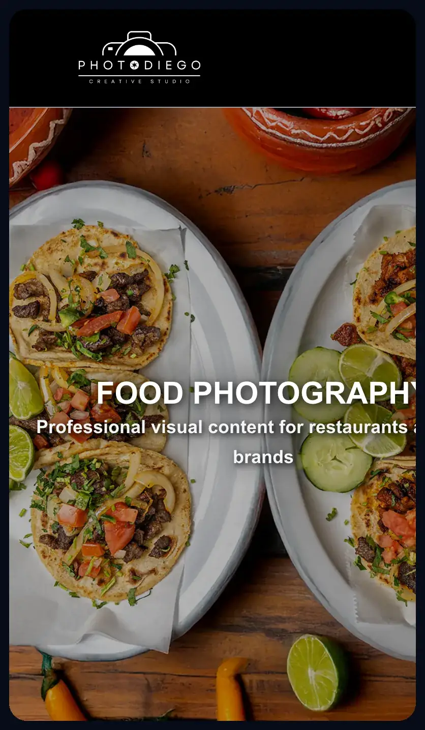 PhotoDiego Creative Studio website on a mobile phone, built by Wild Ox