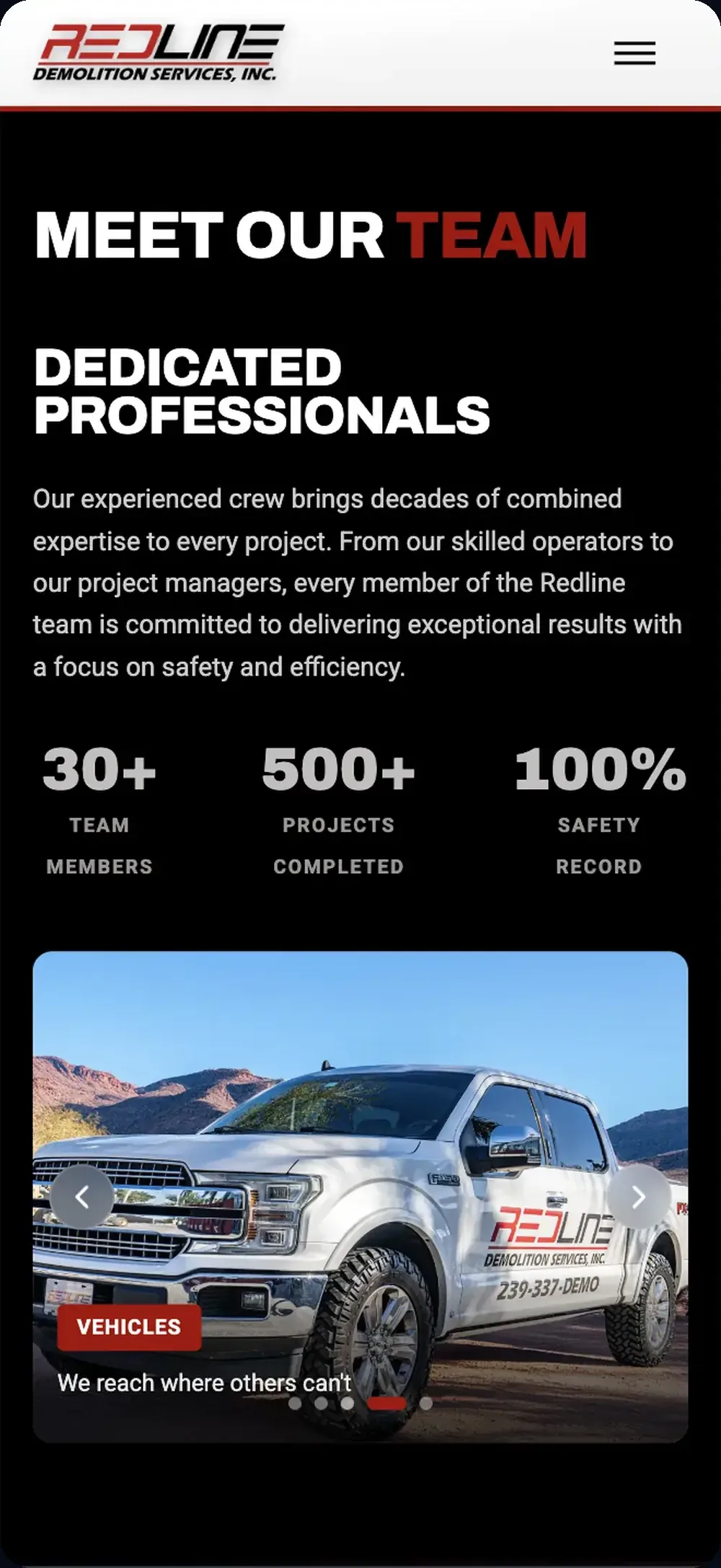 Redline Demolition Services website on a mobile phone, built by Wild Ox