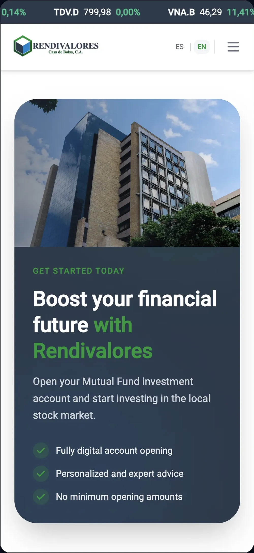 Rendivalores Casa de Bolsa website on a mobile phone, built by Wild Ox